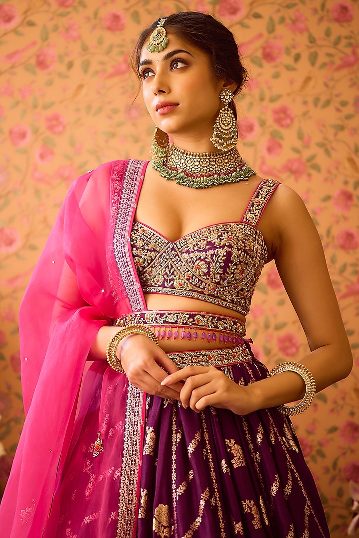 Purple Silk Brocade Zardosi Embroidered Paneled Wedding Lehenga Set by Shyam Narayan Prasad at Pernia's Pop Up Shop