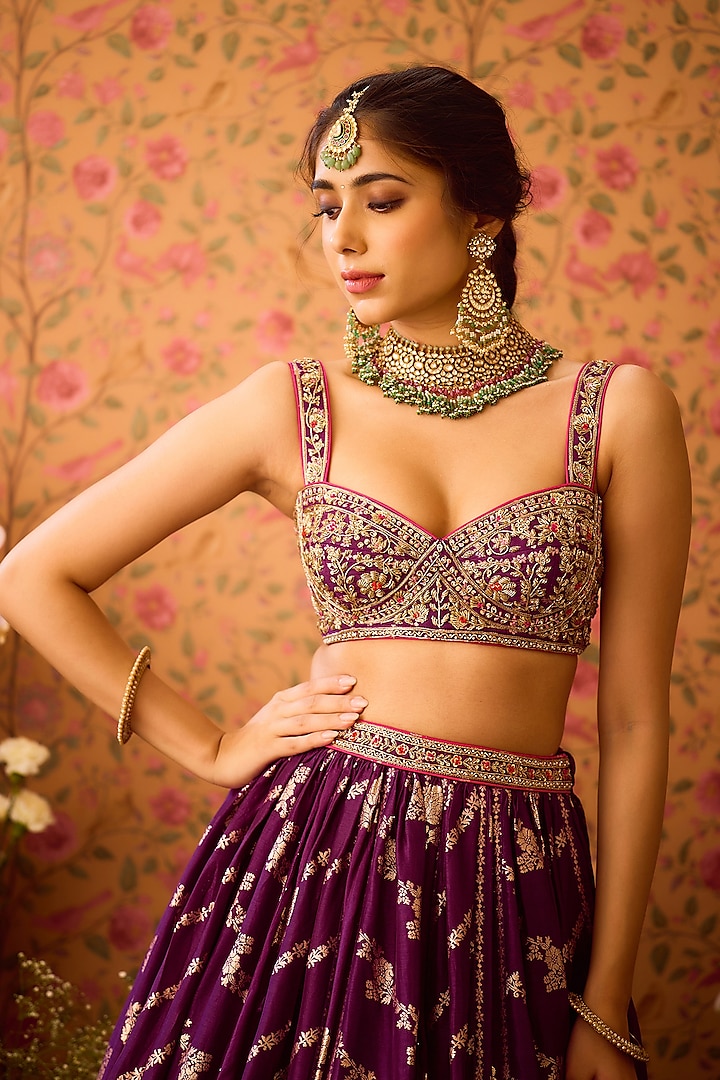 Purple Silk Brocade Zardosi Embroidered Paneled Wedding Lehenga Set by Shyam Narayan Prasad at Pernia's Pop Up Shop
