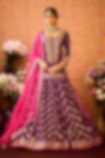 Purple Silk Brocade Zardosi Embroidered Paneled Wedding Lehenga Set by Shyam Narayan Prasad at Pernia's Pop Up Shop