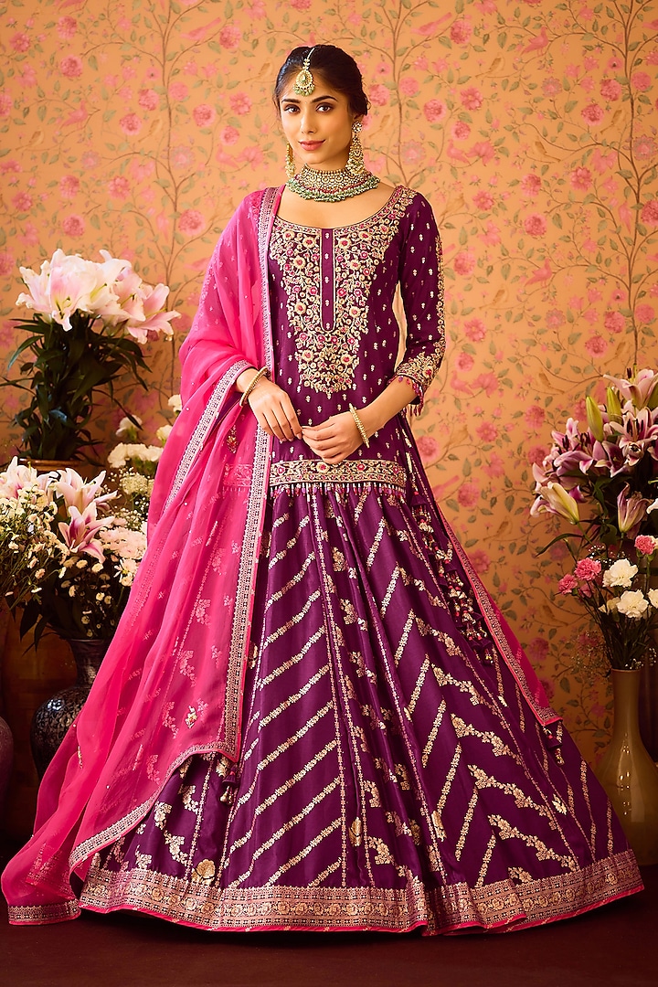 Purple Silk Brocade Zardosi Embroidered Paneled Wedding Lehenga Set by Shyam Narayan Prasad at Pernia's Pop Up Shop