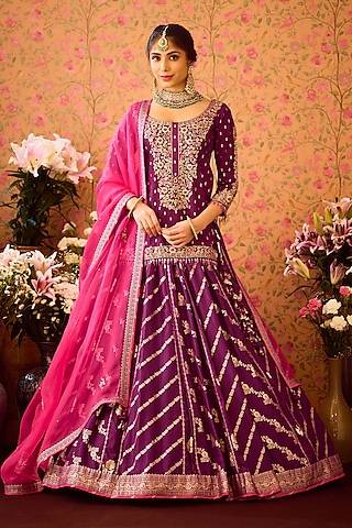 Purple Silk Brocade Zardosi Embroidered Paneled Lehenga Set by Shyam Narayan Prasad