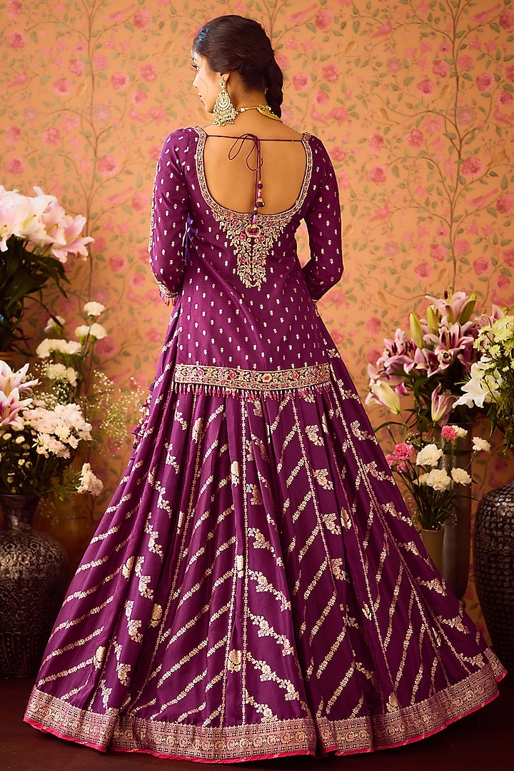 Purple Silk Brocade Zardosi Embroidered Paneled Wedding Lehenga Set by Shyam Narayan Prasad at Pernia's Pop Up Shop