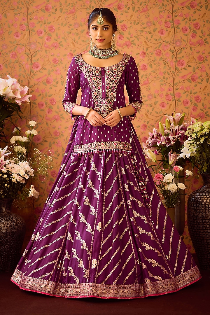 Purple Silk Brocade Zardosi Embroidered Paneled Wedding Lehenga Set by Shyam Narayan Prasad at Pernia's Pop Up Shop