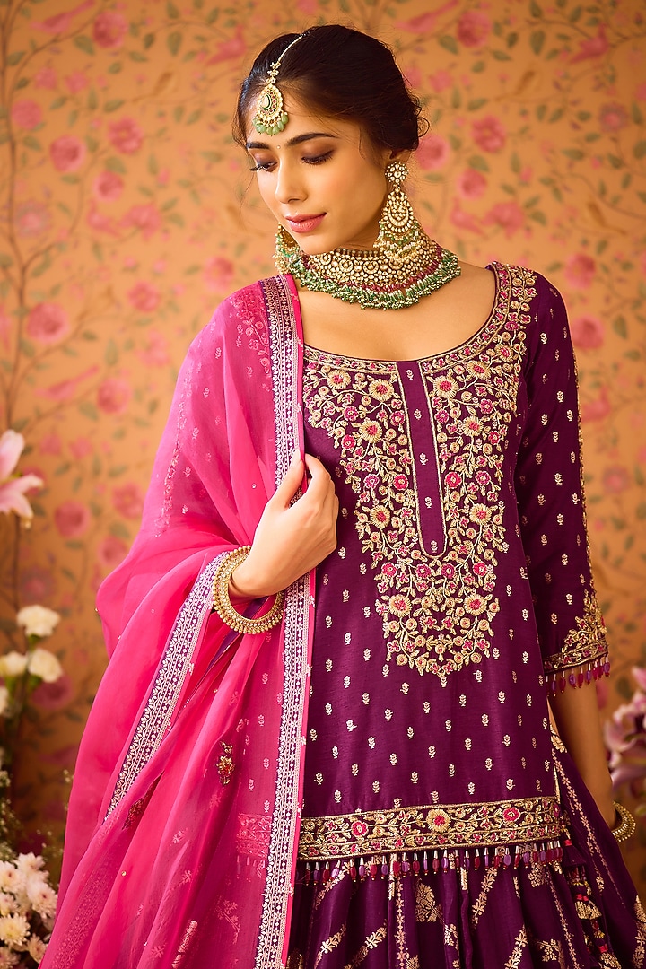 Purple Silk Brocade Zardosi Embroidered Paneled Wedding Lehenga Set by Shyam Narayan Prasad at Pernia's Pop Up Shop