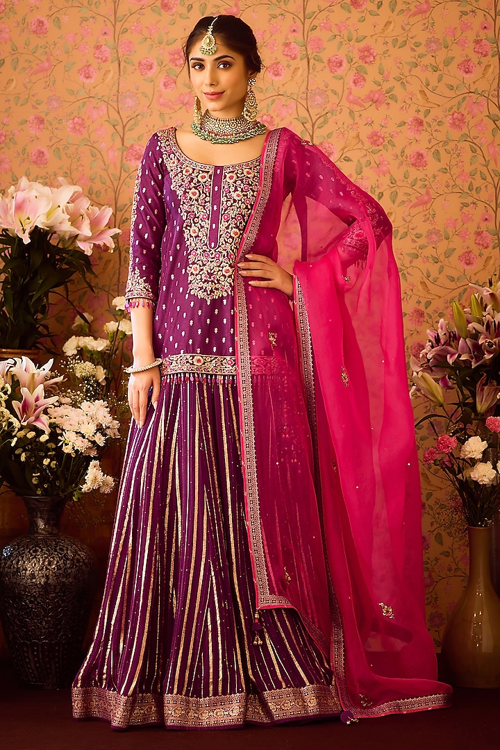 Purple Georgette Zardosi Embroidered Paneled Wedding Lehenga Set by Shyam Narayan Prasad at Pernia's Pop Up Shop