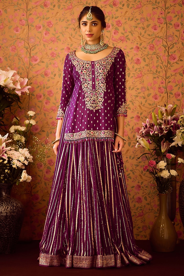 Purple Georgette Zardosi Embroidered Paneled Wedding Lehenga Set by Shyam Narayan Prasad at Pernia's Pop Up Shop