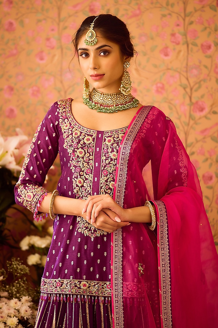 Purple Georgette Zardosi Embroidered Paneled Wedding Lehenga Set by Shyam Narayan Prasad at Pernia's Pop Up Shop