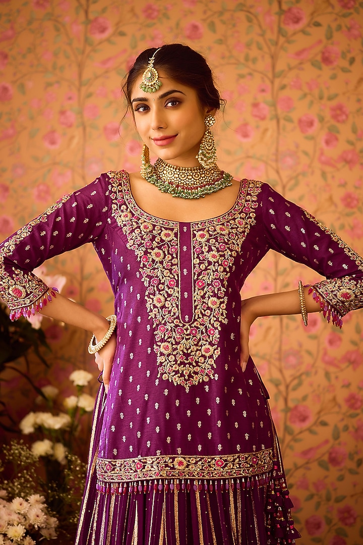 Purple Georgette Zardosi Embroidered Paneled Wedding Lehenga Set by Shyam Narayan Prasad at Pernia's Pop Up Shop