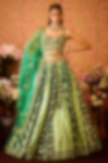 Jasper Green Silk Brocade Zardosi Embroidered Paneled Wedding Lehenga Set by Shyam Narayan Prasad at Pernia's Pop Up Shop