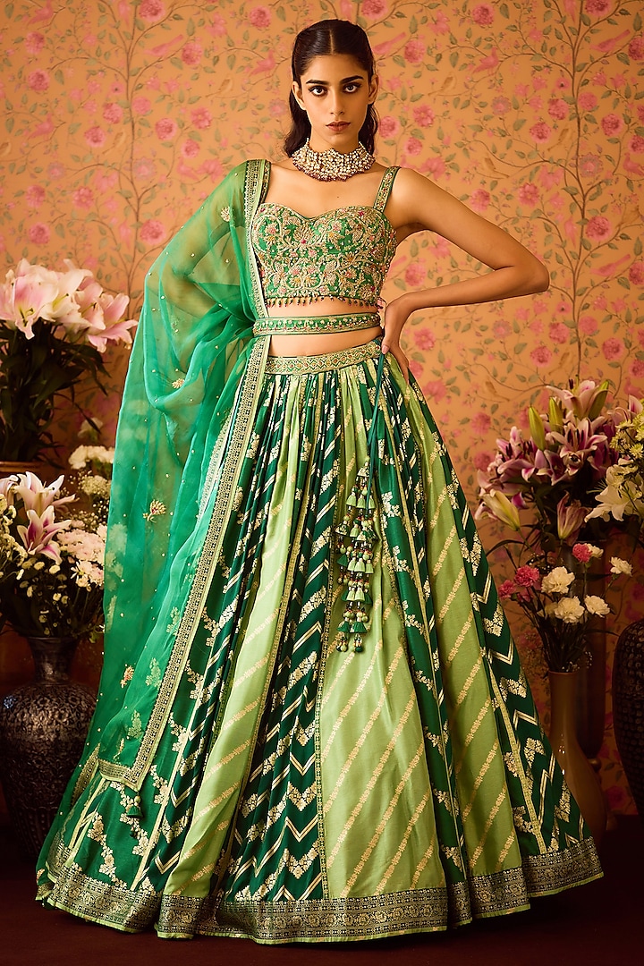 Jasper Green Silk Brocade Zardosi Embroidered Paneled Wedding Lehenga Set by Shyam Narayan Prasad at Pernia's Pop Up Shop