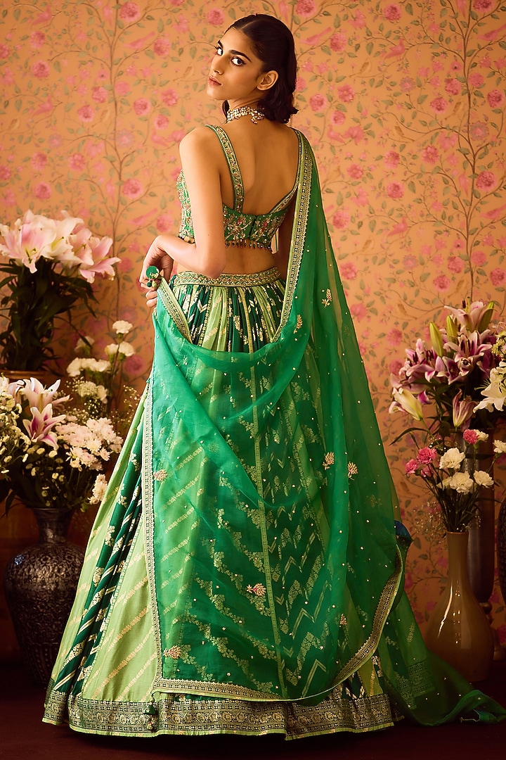 Jasper Green Silk Brocade Zardosi Embroidered Paneled Wedding Lehenga Set by Shyam Narayan Prasad at Pernia's Pop Up Shop