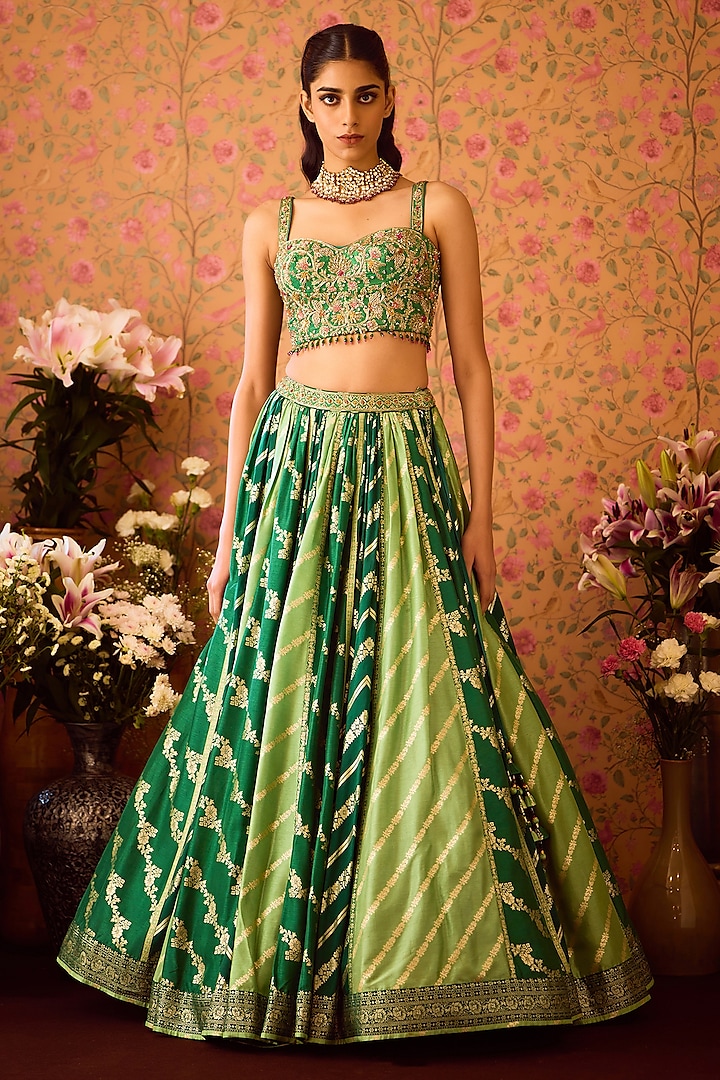 Jasper Green Silk Brocade Zardosi Embroidered Paneled Wedding Lehenga Set by Shyam Narayan Prasad at Pernia's Pop Up Shop