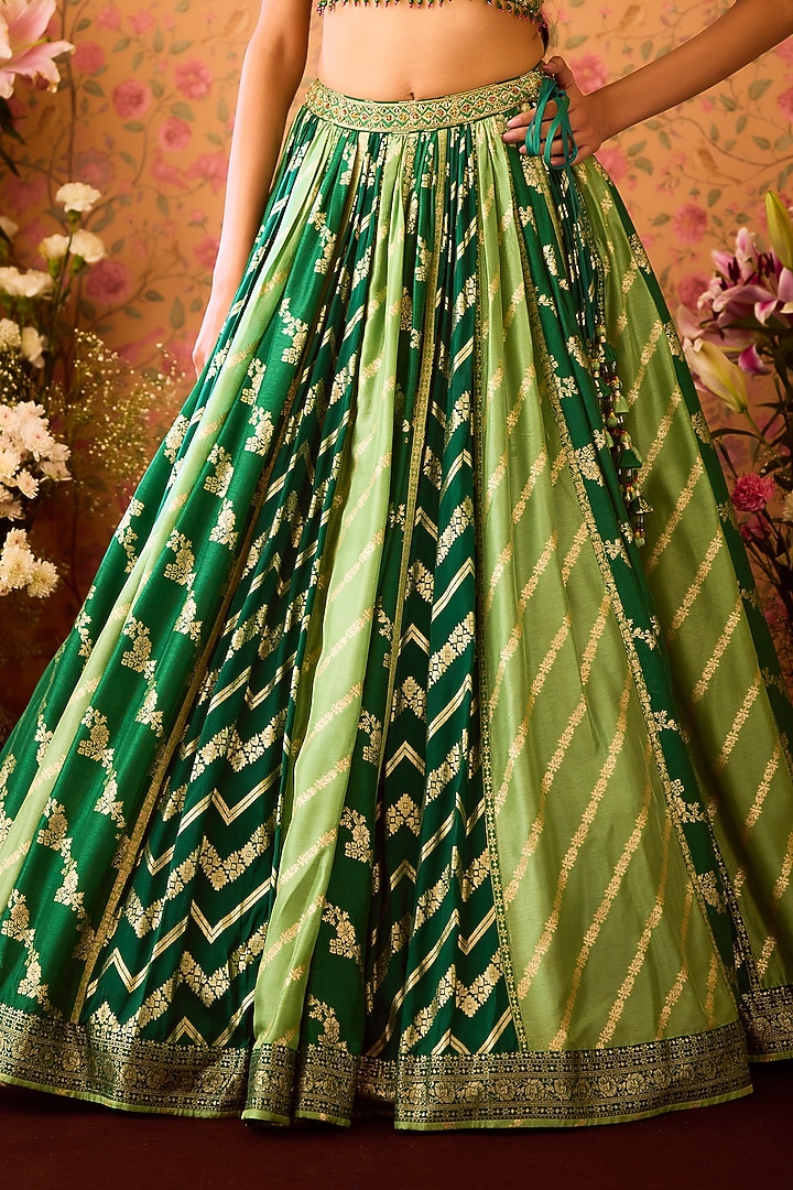 Jasper Green Silk Brocade Zardosi Embroidered Paneled Wedding Lehenga Set by Shyam Narayan Prasad at Pernia's Pop Up Shop