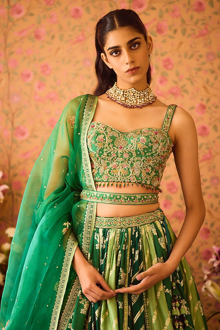 Jasper Green Silk Brocade Zardosi Embroidered Paneled Wedding Lehenga Set by Shyam Narayan Prasad at Pernia's Pop Up Shop