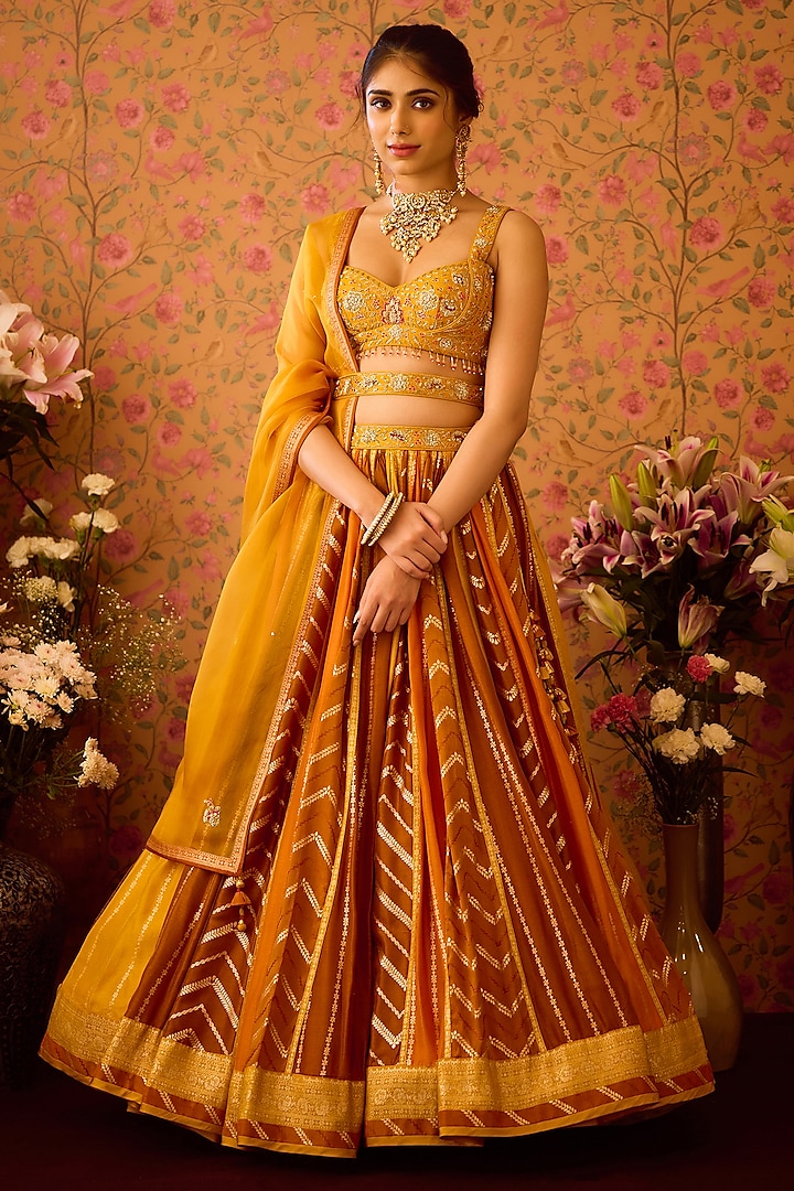 Mustard Yellow Silk Brocade Zardosi Embroidered Paneled Wedding Lehenga Set by Shyam Narayan Prasad at Pernia's Pop Up Shop