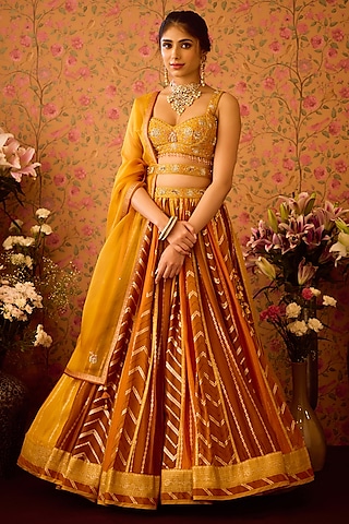 Mustard Yellow Silk Brocade Zardosi Embroidered Paneled Lehenga Set by Shyam Narayan Prasad