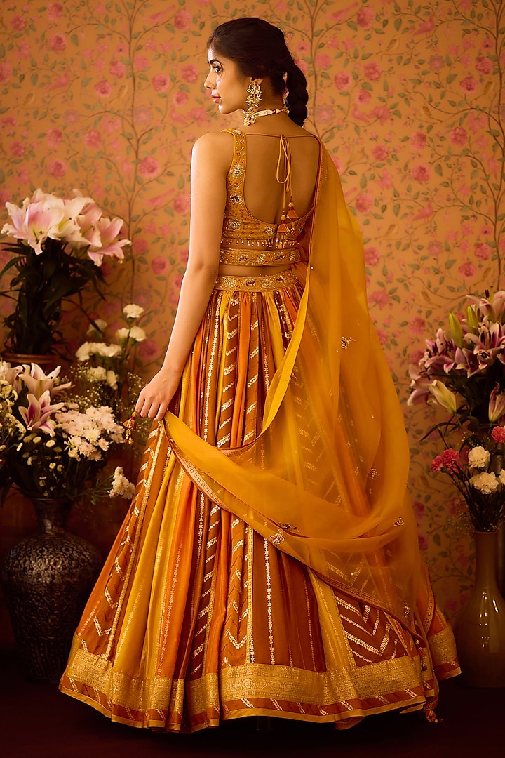 Mustard Yellow Silk Brocade Zardosi Embroidered Paneled Wedding Lehenga Set by Shyam Narayan Prasad at Pernia's Pop Up Shop