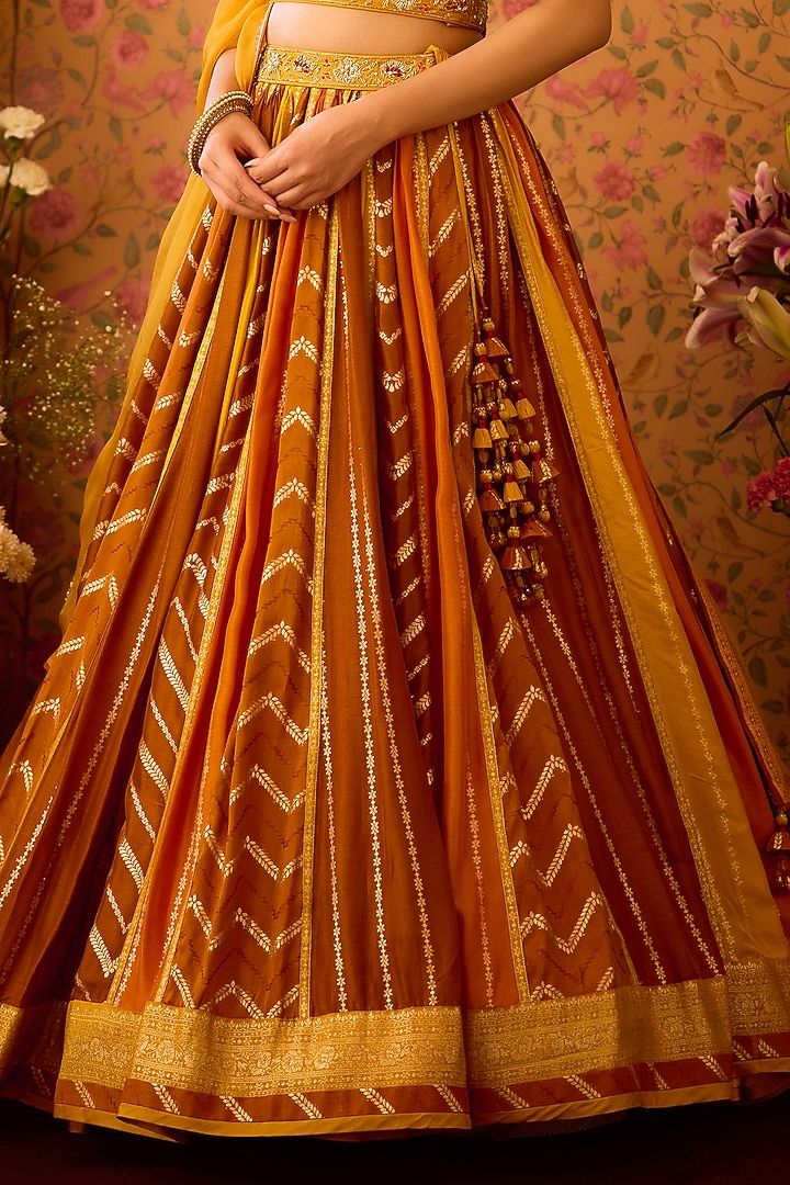 Mustard Yellow Silk Brocade Zardosi Embroidered Paneled Wedding Lehenga Set by Shyam Narayan Prasad at Pernia's Pop Up Shop