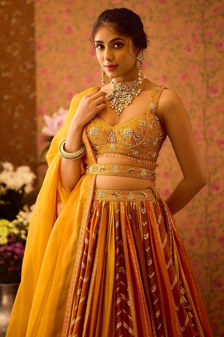 Mustard Yellow Silk Brocade Zardosi Embroidered Paneled Wedding Lehenga Set by Shyam Narayan Prasad at Pernia's Pop Up Shop