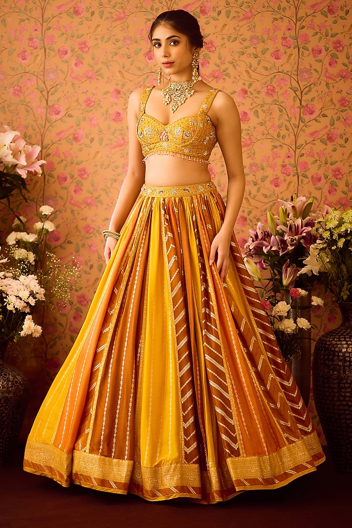 Mustard Yellow Silk Brocade Zardosi Embroidered Paneled Wedding Lehenga Set by Shyam Narayan Prasad at Pernia's Pop Up Shop