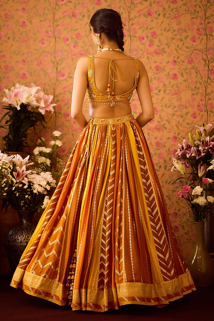 Mustard Yellow Silk Brocade Zardosi Embroidered Paneled Wedding Lehenga Set by Shyam Narayan Prasad at Pernia's Pop Up Shop