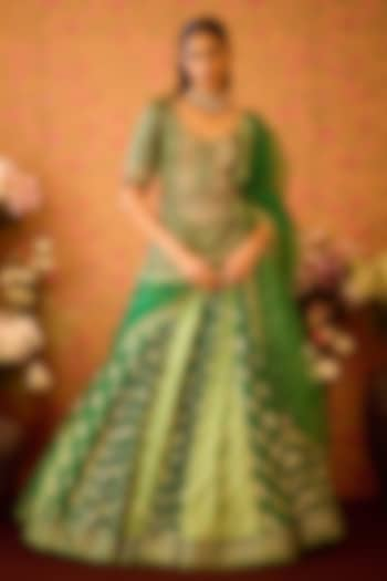 Jasper Green Silk Brocade Zardosi Embroidered Paneled Wedding Lehenga Set by Shyam Narayan Prasad at Pernia's Pop Up Shop