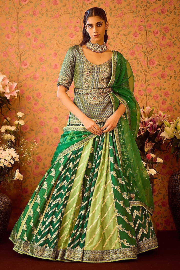 Jasper Green Silk Brocade Zardosi Embroidered Paneled Wedding Lehenga Set by Shyam Narayan Prasad at Pernia's Pop Up Shop