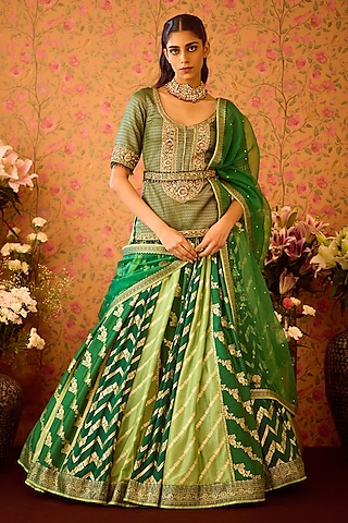 Jasper Green Silk Brocade Zardosi Embroidered Paneled Lehenga Set by Shyam Narayan Prasad