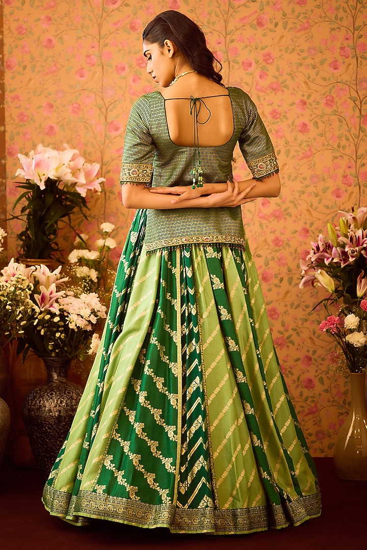 Jasper Green Silk Brocade Zardosi Embroidered Paneled Wedding Lehenga Set by Shyam Narayan Prasad at Pernia's Pop Up Shop