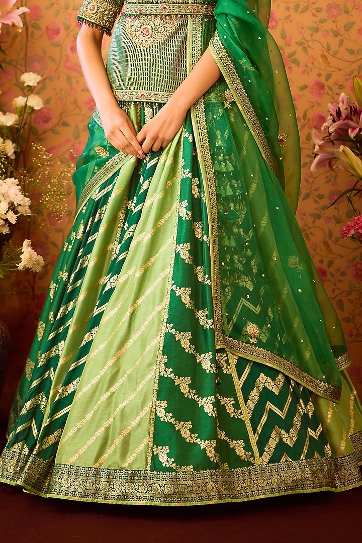 Jasper Green Silk Brocade Zardosi Embroidered Paneled Wedding Lehenga Set by Shyam Narayan Prasad at Pernia's Pop Up Shop