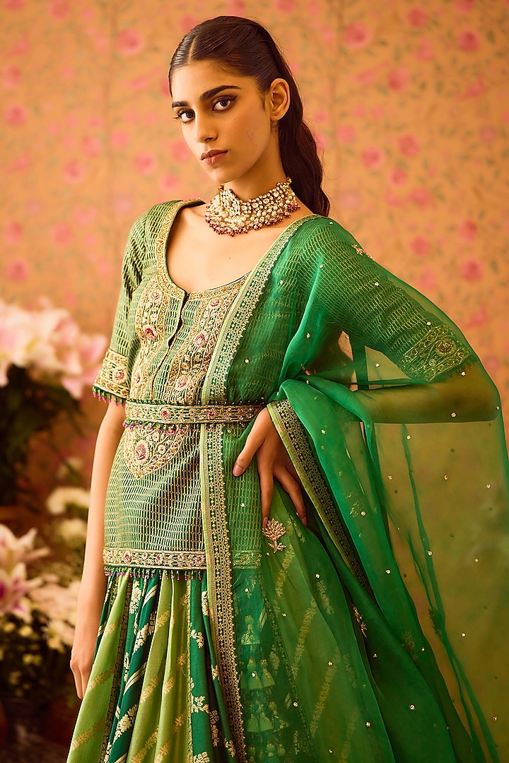 Jasper Green Silk Brocade Zardosi Embroidered Paneled Wedding Lehenga Set by Shyam Narayan Prasad at Pernia's Pop Up Shop