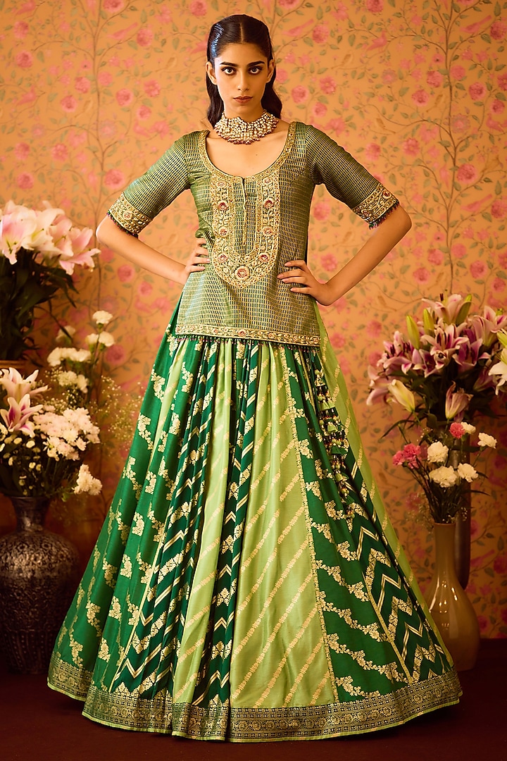 Jasper Green Silk Brocade Zardosi Embroidered Paneled Wedding Lehenga Set by Shyam Narayan Prasad at Pernia's Pop Up Shop