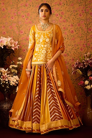 Mustard Yellow Silk Brocade Applique Embroidered Paneled Lehenga Set by Shyam Narayan Prasad