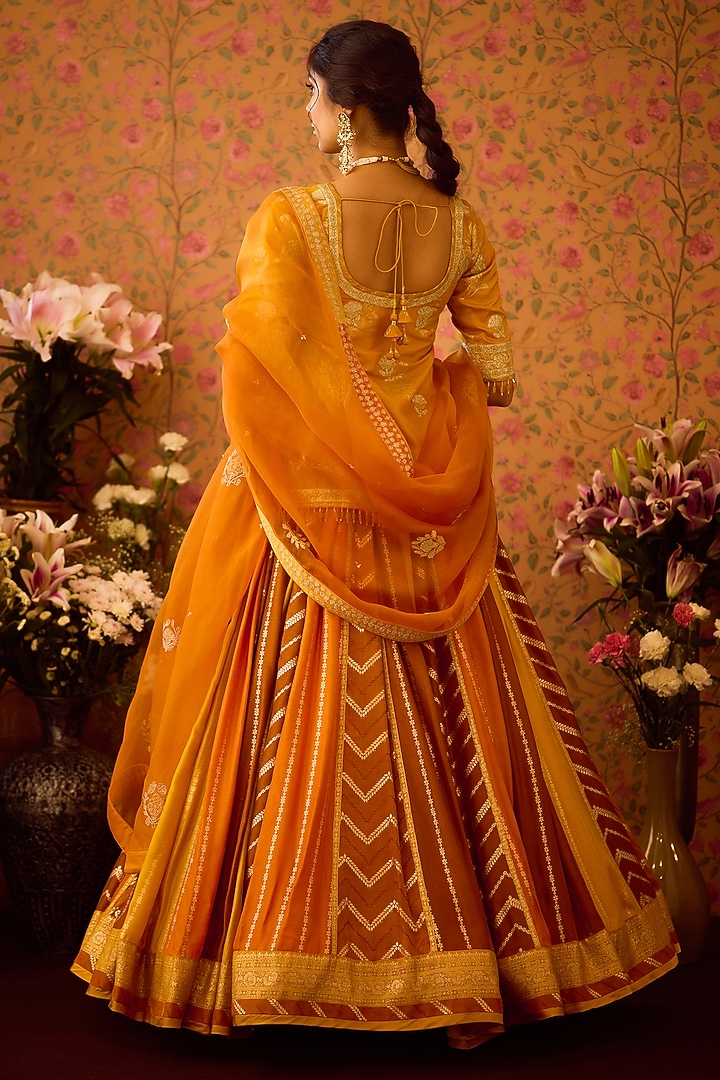 Mustard Yellow Silk Brocade Applique Embroidered Paneled Wedding Lehenga Set by Shyam Narayan Prasad at Pernia's Pop Up Shop