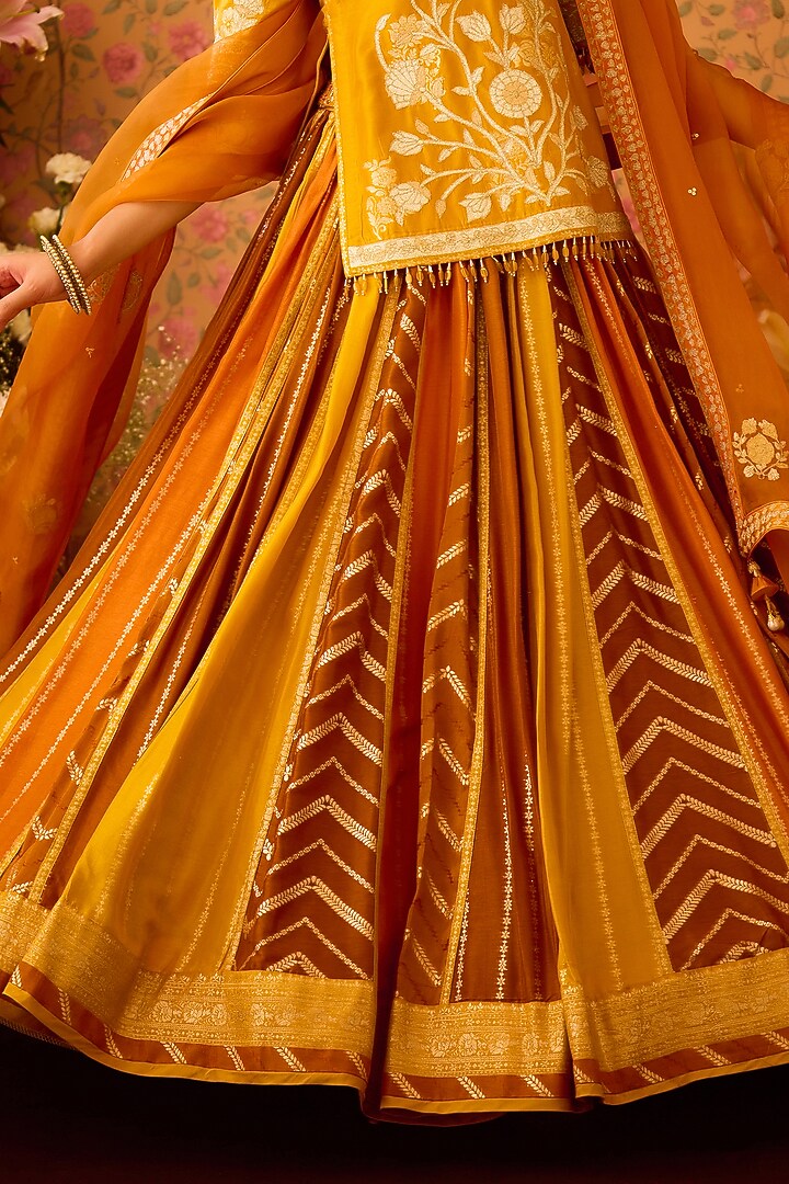 Mustard Yellow Silk Brocade Applique Embroidered Paneled Wedding Lehenga Set by Shyam Narayan Prasad at Pernia's Pop Up Shop