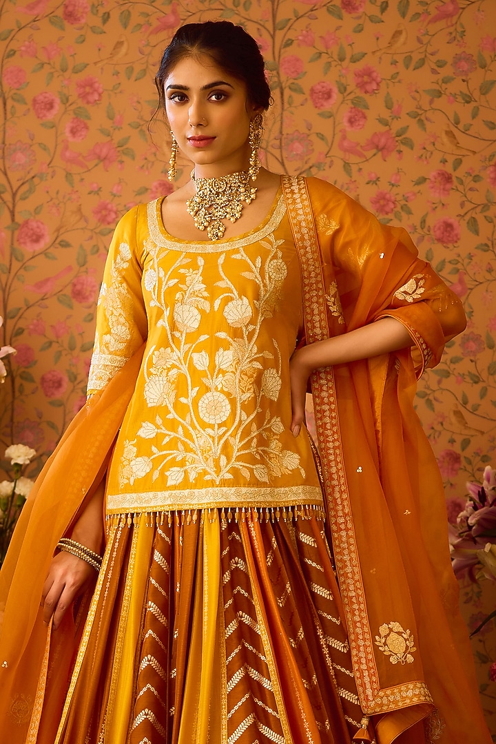 Mustard Yellow Silk Brocade Applique Embroidered Paneled Wedding Lehenga Set by Shyam Narayan Prasad at Pernia's Pop Up Shop
