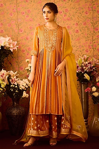 Mustard Yellow Silk Brocade Zardosi Embroidered Kurta Set by Shyam Narayan Prasad