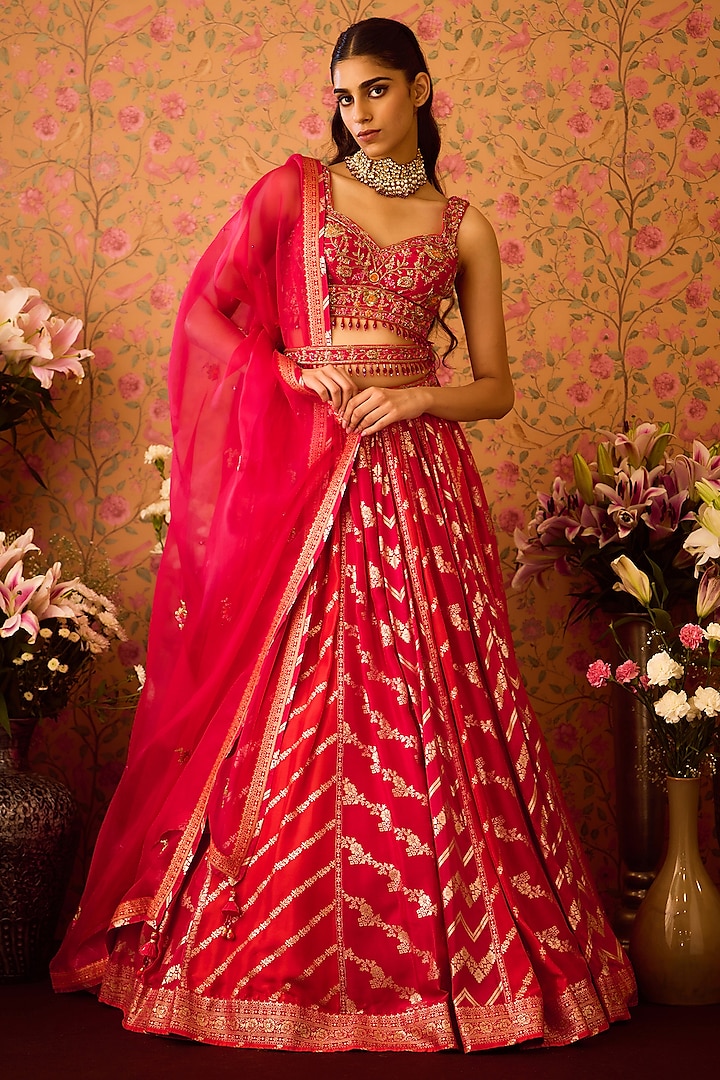 Scarlet Red-Maroon Silk Brocade Zardosi Embroidered Paneled Wedding Lehenga Set by Shyam Narayan Prasad at Pernia's Pop Up Shop