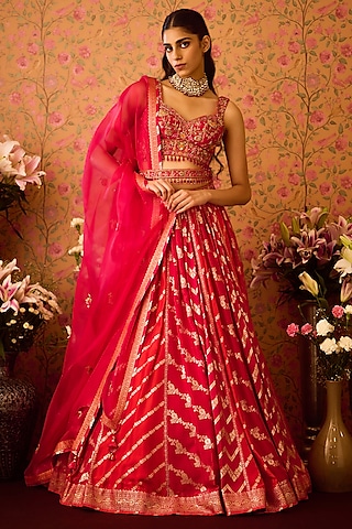 Scarlet Red-Maroon Silk Brocade Zardosi Embroidered Paneled Lehenga Set by Shyam Narayan Prasad