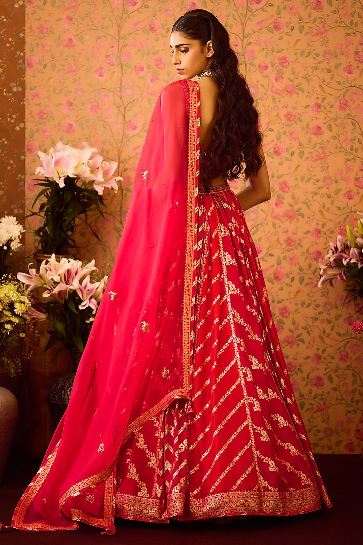 Scarlet Red-Maroon Silk Brocade Zardosi Embroidered Paneled Wedding Lehenga Set by Shyam Narayan Prasad at Pernia's Pop Up Shop