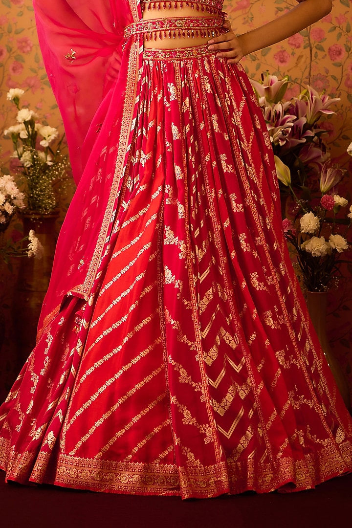 Scarlet Red-Maroon Silk Brocade Zardosi Embroidered Paneled Wedding Lehenga Set by Shyam Narayan Prasad at Pernia's Pop Up Shop