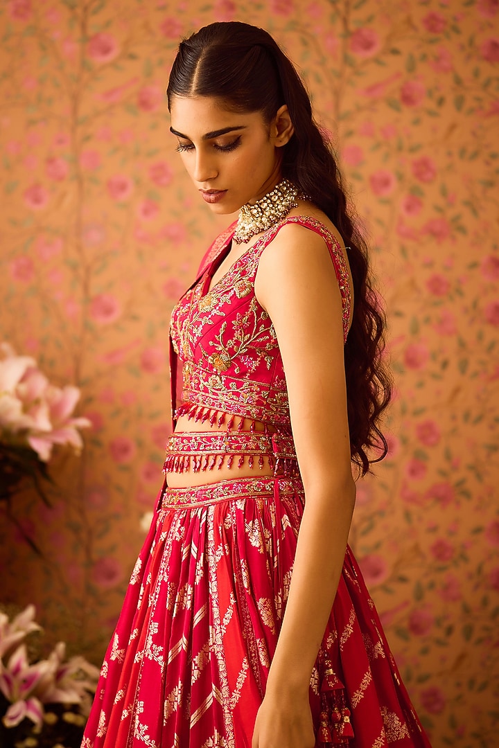 Scarlet Red-Maroon Silk Brocade Zardosi Embroidered Paneled Wedding Lehenga Set by Shyam Narayan Prasad at Pernia's Pop Up Shop