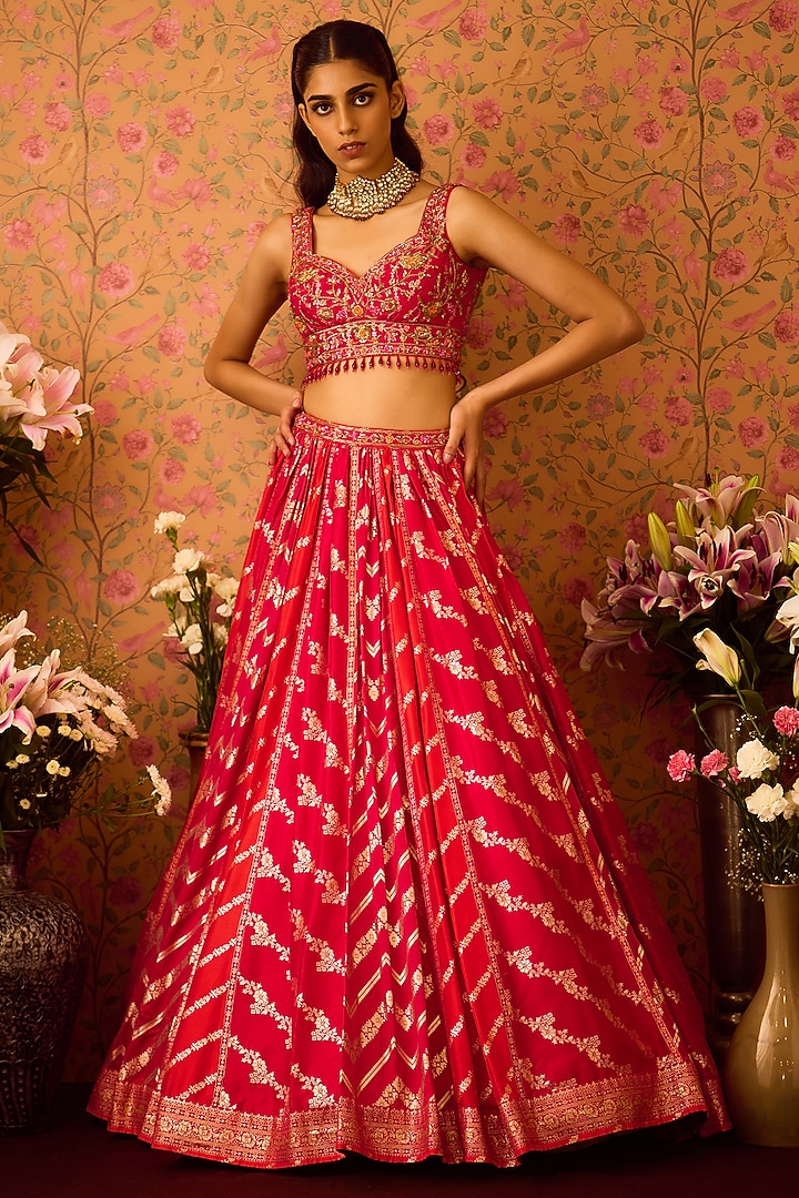 Scarlet Red-Maroon Silk Brocade Zardosi Embroidered Paneled Wedding Lehenga Set by Shyam Narayan Prasad at Pernia's Pop Up Shop
