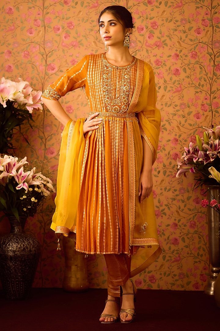 Mustard Yellow Silk Brocade Zardosi Embroidered Kurta Set by Shyam Narayan Prasad at Pernia's Pop Up Shop