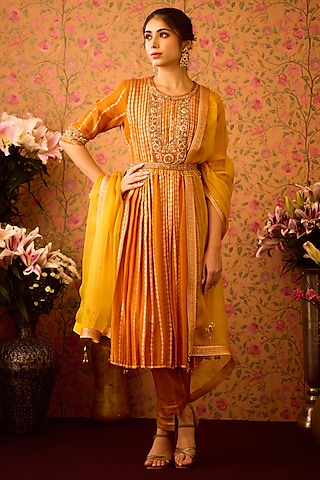 Mustard Yellow Silk Brocade Zardosi Embroidered Kurta Set by Shyam Narayan Prasad