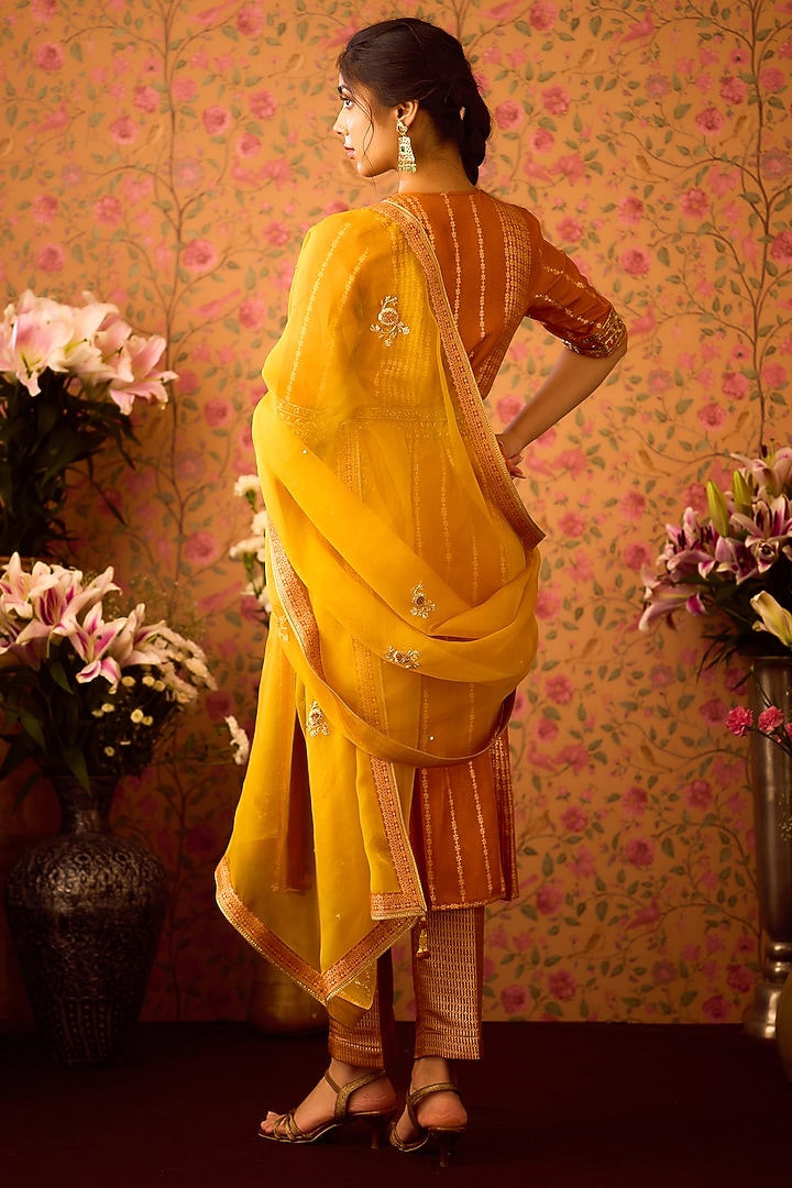 Mustard Yellow Silk Brocade Zardosi Embroidered Kurta Set by Shyam Narayan Prasad at Pernia's Pop Up Shop