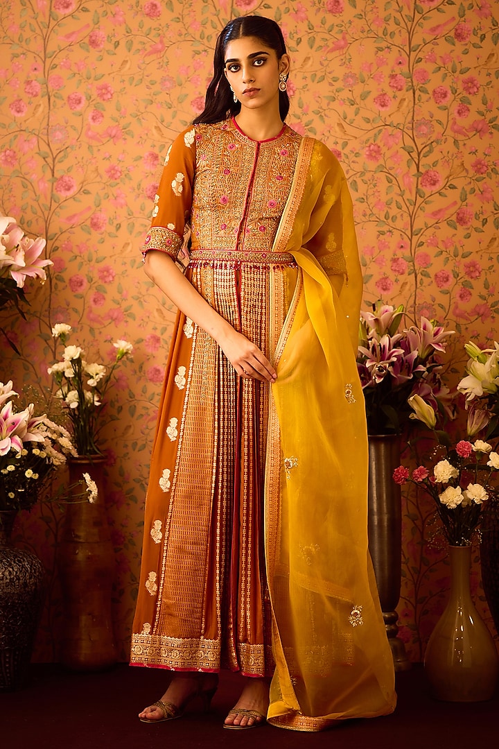 Mustard Yellow Silk Brocade Zardosi Embroidered Anarkali Set by Shyam Narayan Prasad