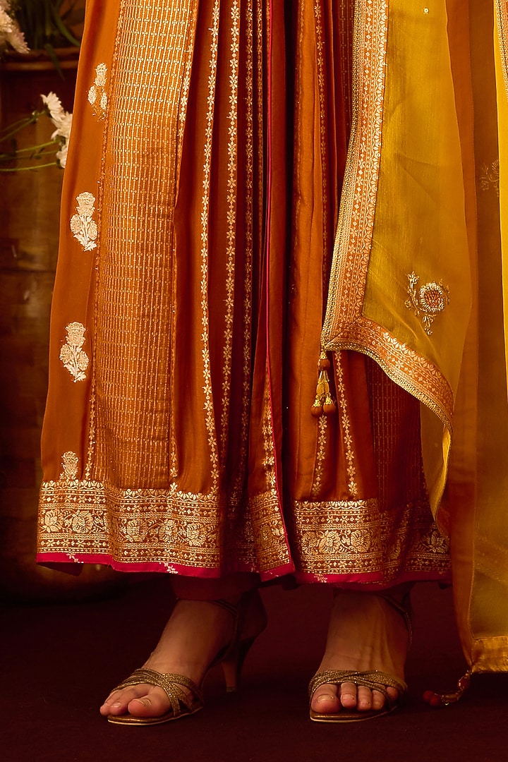 Mustard Yellow Silk Brocade Zardosi Embroidered Wedding Anarkali Set by Shyam Narayan Prasad at Pernia's Pop Up Shop