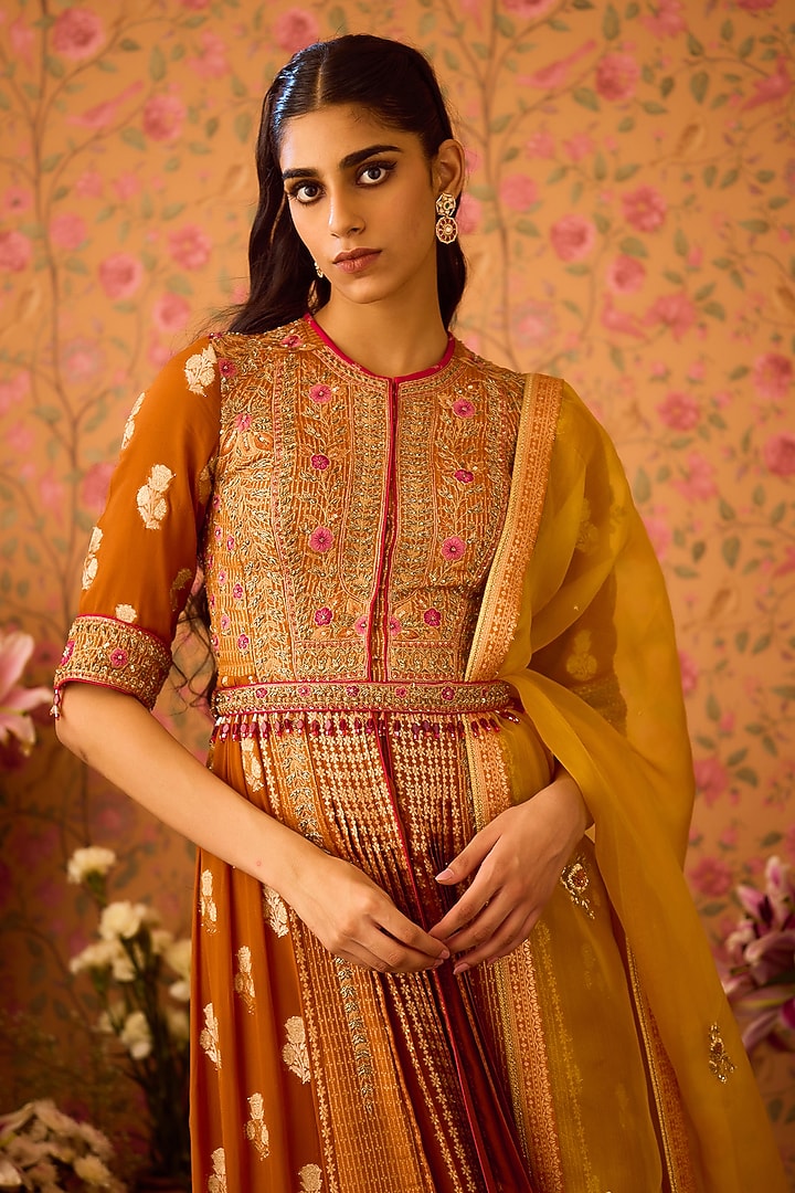 Mustard Yellow Silk Brocade Zardosi Embroidered Wedding Anarkali Set by Shyam Narayan Prasad at Pernia's Pop Up Shop
