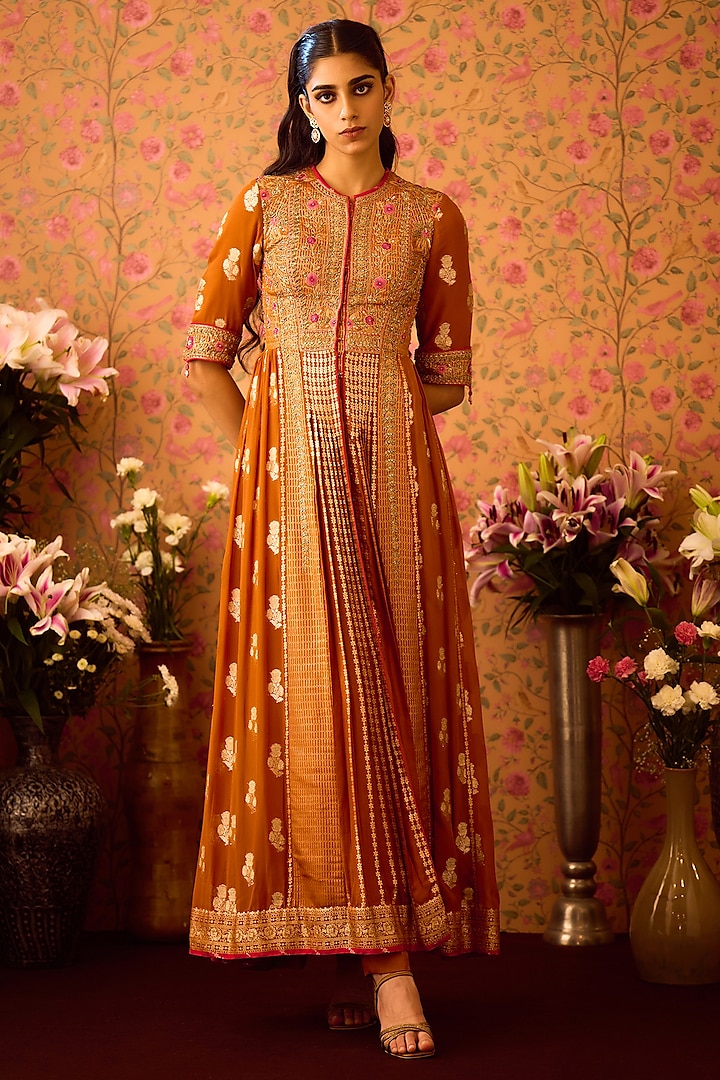 Mustard Yellow Silk Brocade Zardosi Embroidered Wedding Anarkali Set by Shyam Narayan Prasad at Pernia's Pop Up Shop